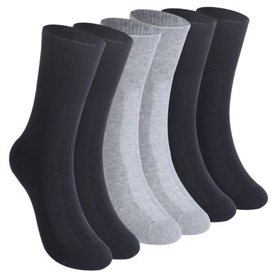 Facool Non-Binding Diabetic Crew Socks, Women Loose Top Cushioned Moisture Wicking Cotton Seamless Non Slip Soft Anti-sweat Dress Comfortable Socks, 6 Pairs Black+Grey+Navy Blue Medium