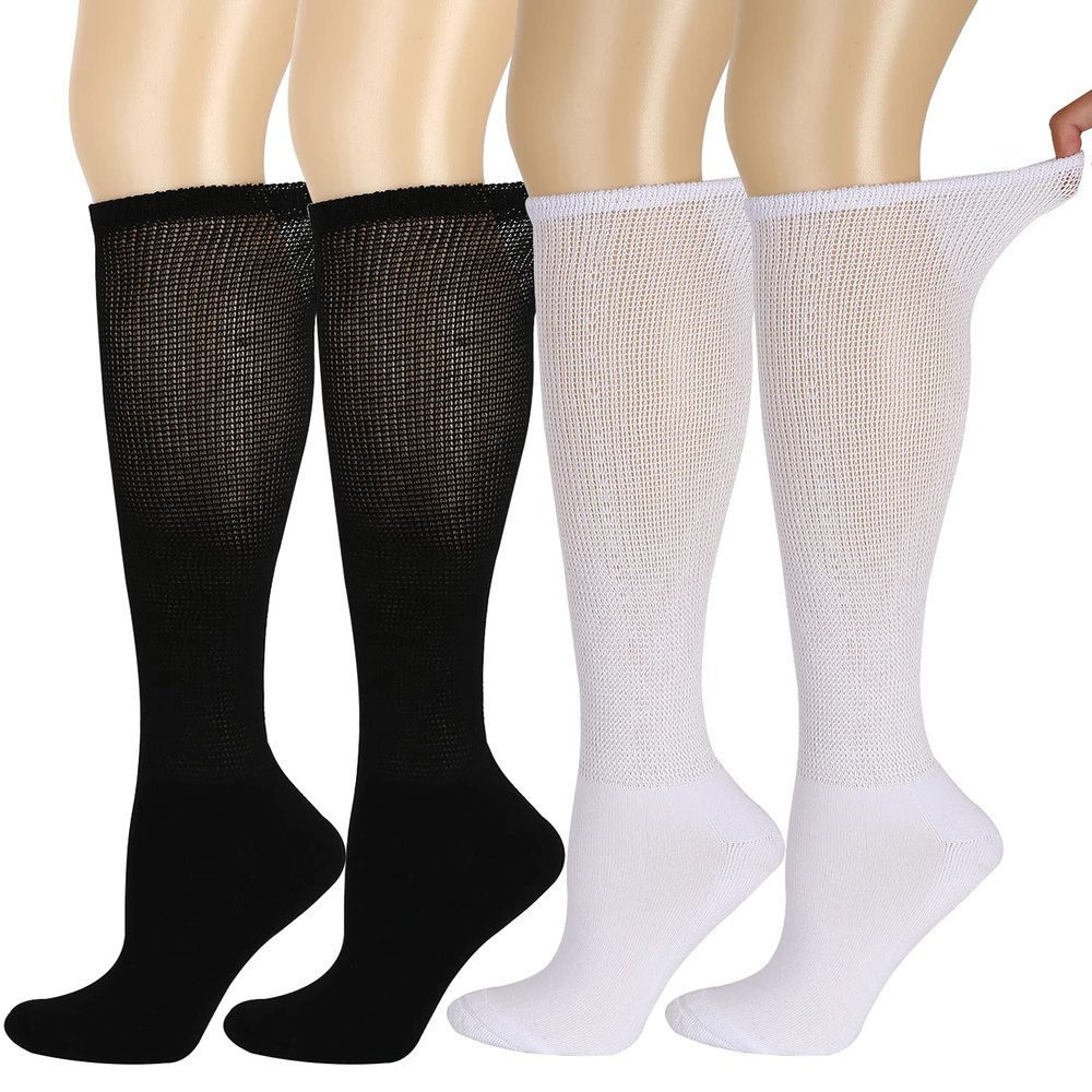 Athlemo Diabetic Knee High Socks 4 Pairs, Unisex Adults, Black & White, Medium (13-15), No-Binding, Breathable, Seamless, Reinforced Toe