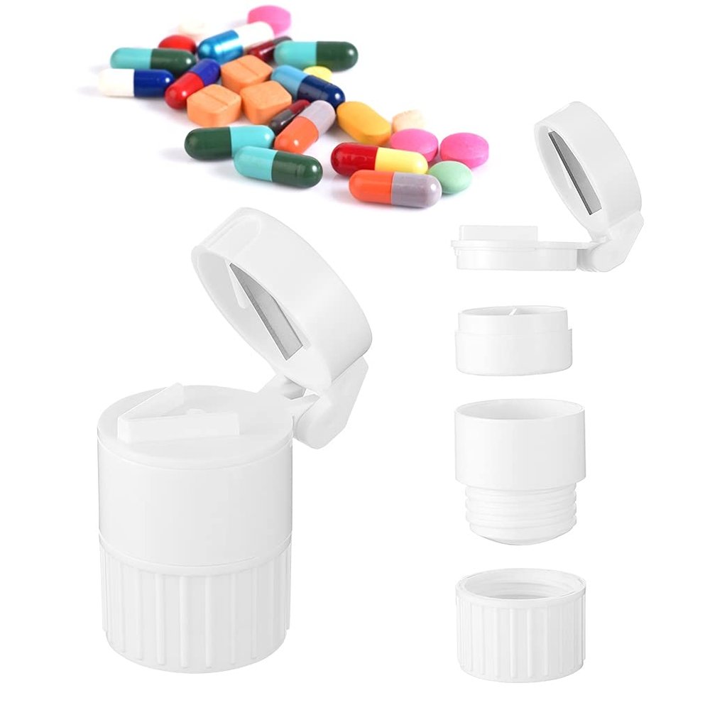 4 in 1 Pill Cutter, Crusher, Storage Box and Water Cup - Travel Multifunctional Organizer Splitter Daily Dispenser for Kids, Men, Women, Elderly (White)