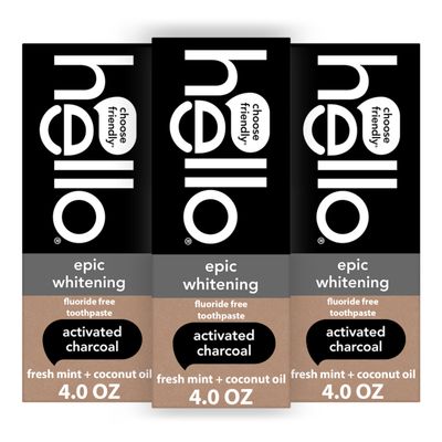 hello Epic Whitening Charcoal Fluoride Free Toothpaste, Activated Charcoal Toothpaste with Coconut Oil, Whitens Teeth Naturally, SLS Free, Fresh Mint, 3 Pack, 4.0 Oz Tubes