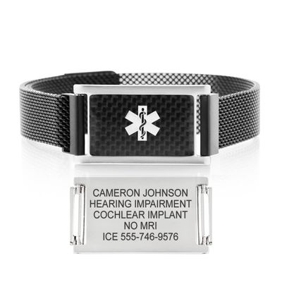 Lauren's Hope Medical Alert Bracelets for Men, Black Stainless Steel Mesh Band, Black Stingray Custom Engraved ID Plate, Easy On and Off Magnetic Closure, Free Engraving, 1 Year Free Warranty