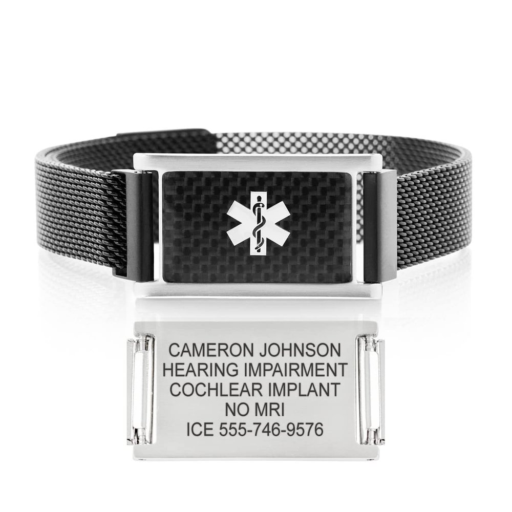 Lauren's Hope Medical Alert Bracelets for Men, Black Stainless Steel Mesh Band, Black Stingray Custom Engraved ID Plate, Easy On and Off Magnetic Closure, Free Engraving, 1 Year Free Warranty