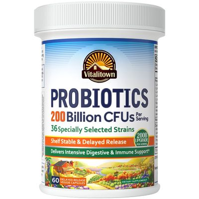 Vitalitown Probiotics 200 Billion CFUs 36 Strains | Shelf Stable, Acid & Bile Resistant | Intensive Digestive & Immune Support | Men & Women Probiotics | Vegan Non-GMO | 60 ct