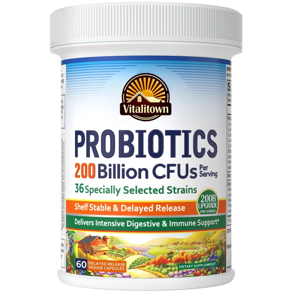 Vitalitown Probiotics 200 Billion CFUs 36 Strains | Shelf Stable, Acid & Bile Resistant | Intensive Digestive & Immune Support | Men & Women Probiotics | Vegan Non-GMO | 60 ct