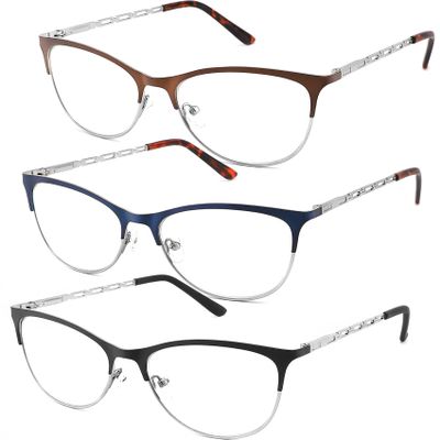 3 Pack Reading Glasses for Women Blue Light Blocking, Metal Womens Computer Spring Hinge Readers Glass, Cateye Full Frame Eyeglasses, Anti Blue Ray Reduce Eye Strain Glare(100 Magnification Strength)
