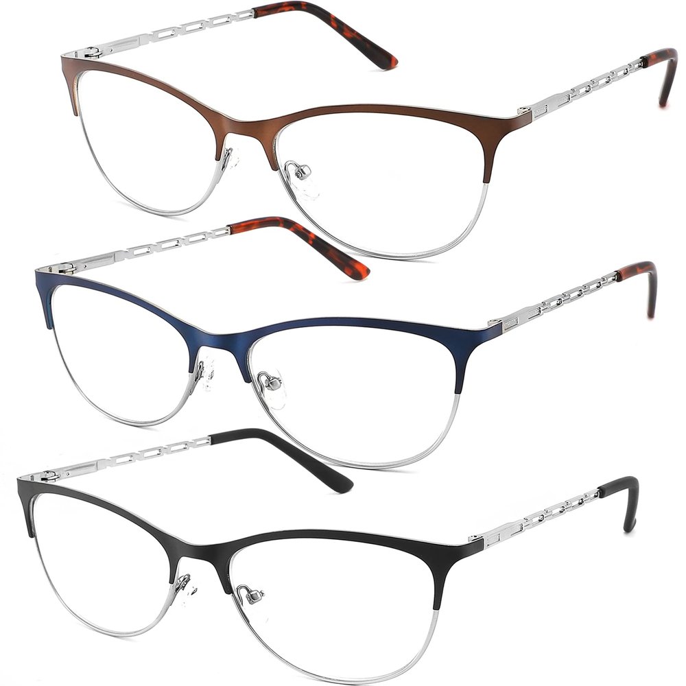 3 Pack Reading Glasses for Women Blue Light Blocking, Metal Womens Computer Spring Hinge Readers Glass, Cateye Full Frame Eyeglasses, Anti Blue Ray Reduce Eye Strain Glare(100 Magnification Strength)