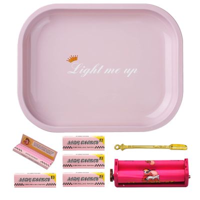 8Pcs Pink Rolling Paper Kit -1 1/4 Rolling Paper, 5 Booklets Rolling Papers, 7"x5.5" Rolling Tray, 78MM Rolling Machine/Roller, Gold Mini Spoon, Metal Tray Bundle (Pink Kit)