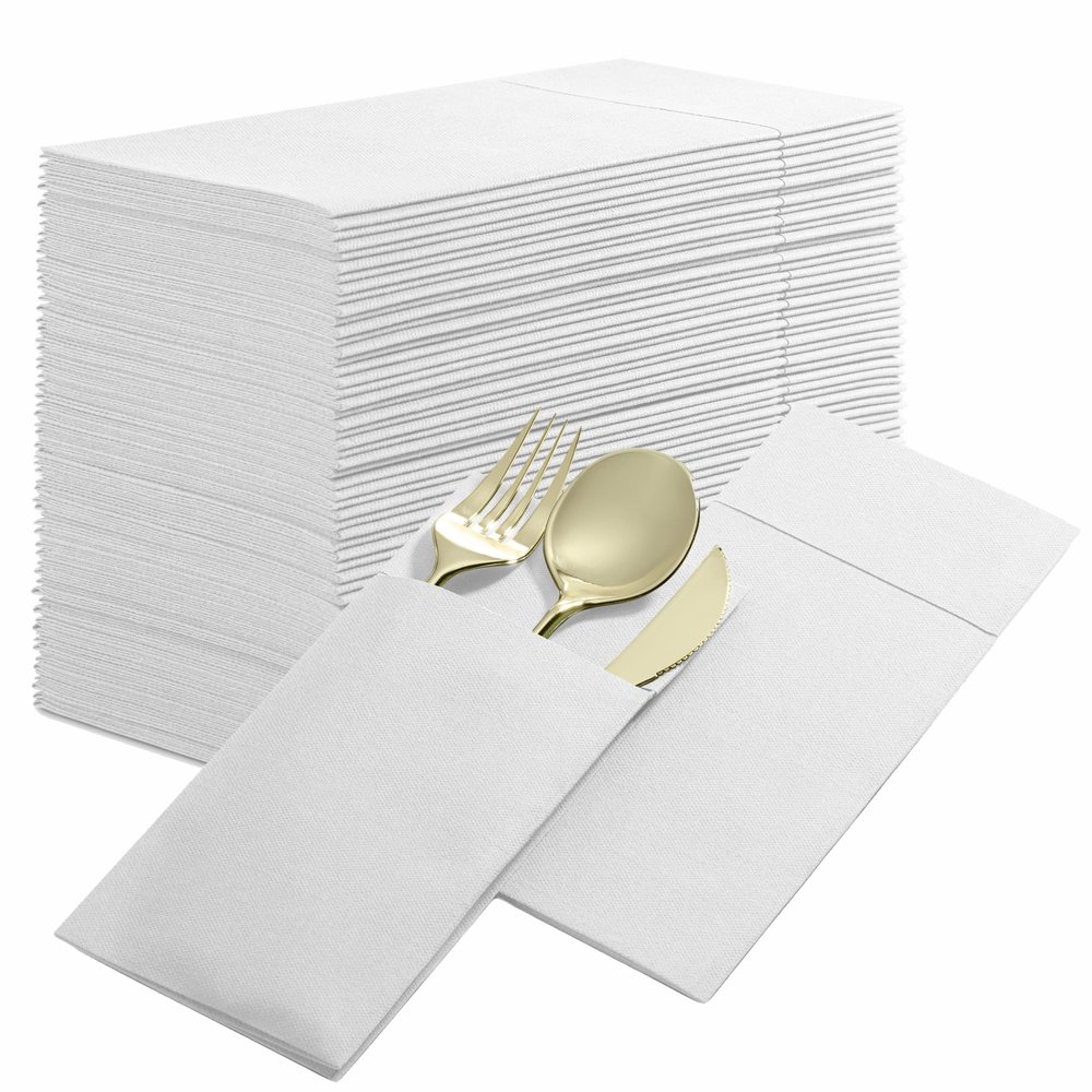 50-Pack Disposable Linen-Feel Dinner Napkins with Built-in Flatware Pocket, WHITE Prefolded Cloth Like Paper Napkins For Dinner, Wedding Or Party [Silverware NOT Included]