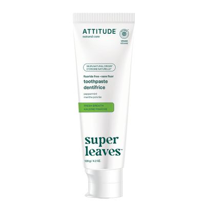 Attitude Fluoride-Free Fresh Breath Toothpaste, Peppermint Flavor, Vegan & Cruelty-Free, Sugar-Free, Plant & Mineral-Based Ingredients, Clean Oral Care, 4.2 Oz