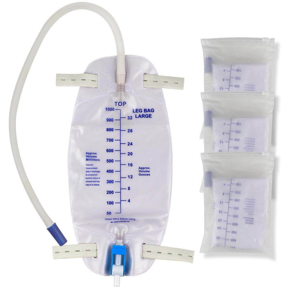 3 Pack Catheter Bags, Premium Easy-Tap Leg Bag Urinary Drainage Bag, 32 Oz with 3 18 Tubing, Anti-Reflux Valve, with Cloth Straps to Attach to Your Foot, Advanced Flip Drain for EZ Disposal