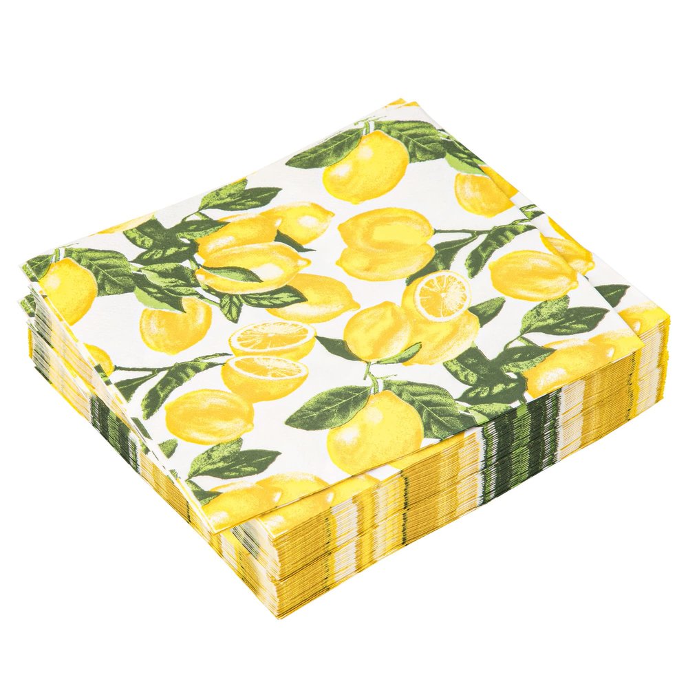 50 Count Lemon Paper Napkins Summer Luncheon Decorative Napkin 3-Ply Yellow Citrus Disposable Napkins Lemon Printed Square Beverage Dinner Napkin for Summer Party Supplies Table Decor, 6.5 x 6.5 Inch