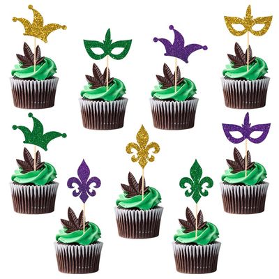 18 PCS Mardi Gras Fleur De Lis Cupcake Toppers, Glitter Green Purple Glod Cake Picks Masquerade Clown Mask Hat Cake Toppers for Mardi Gras Masquerade Cosplay Party Decor