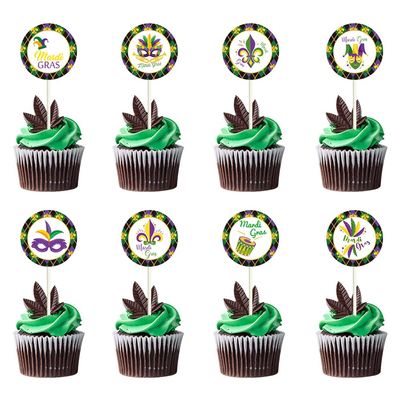 16 PCS Mardi Gras Cupcake Toppers, Green Purple Cake Picks Mardi Gras Fleur De Lis Cake Toppers Circle Banner Cupcake Decorations for Carnival Masquerade Cosplay Party Decor