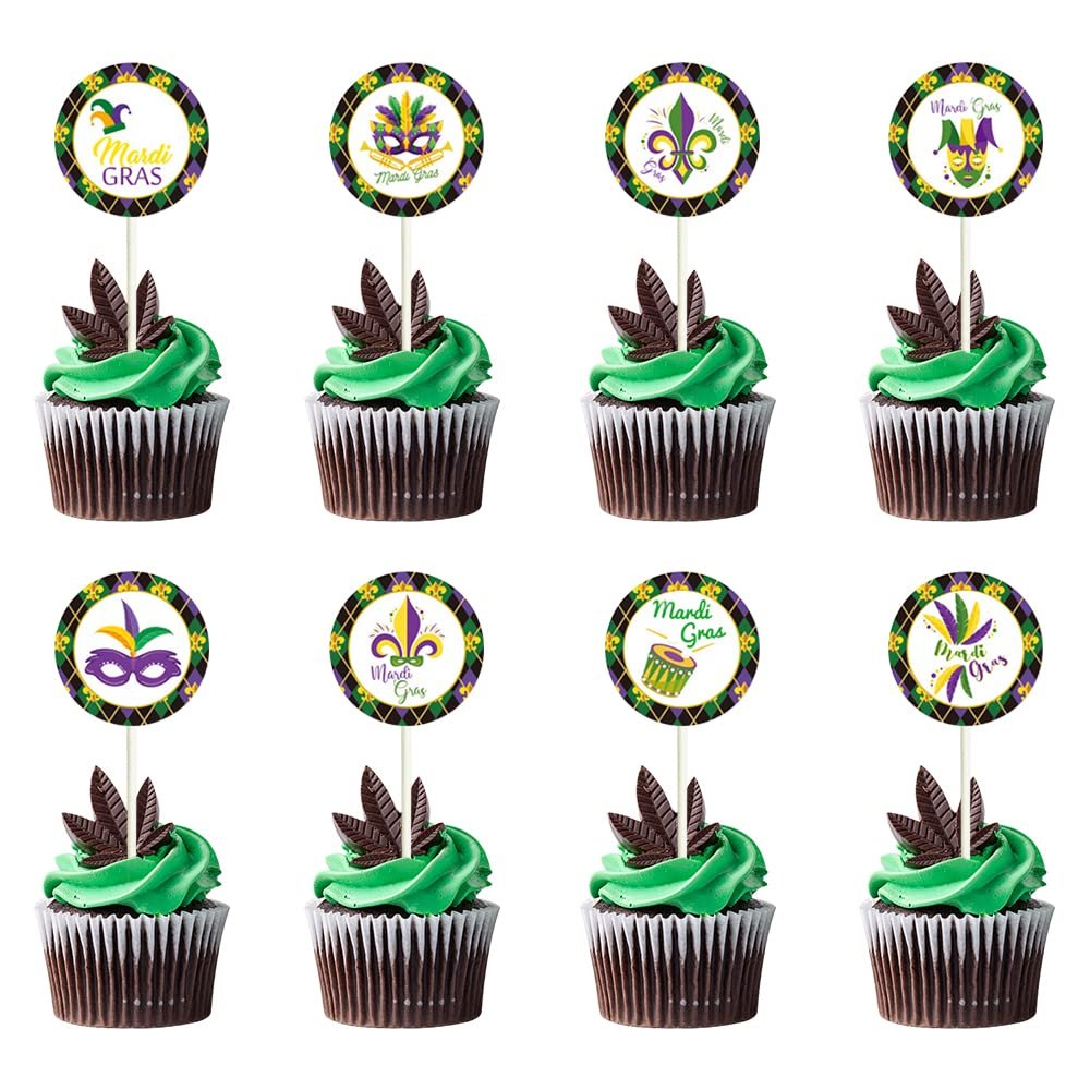 16 PCS Mardi Gras Cupcake Toppers, Green Purple Cake Picks Mardi Gras Fleur De Lis Cake Toppers Circle Banner Cupcake Decorations for Carnival Masquerade Cosplay Party Decor