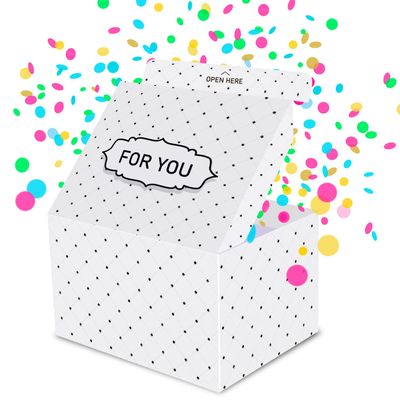 FETTIPOP Exploding Confetti Gift Box (Premium White) 7.1x5.5x4.3 inches KIT, Birthday, Party, Fathers and Mothers Day, Graduations, Anniversaries, Holidays, Any Occasion