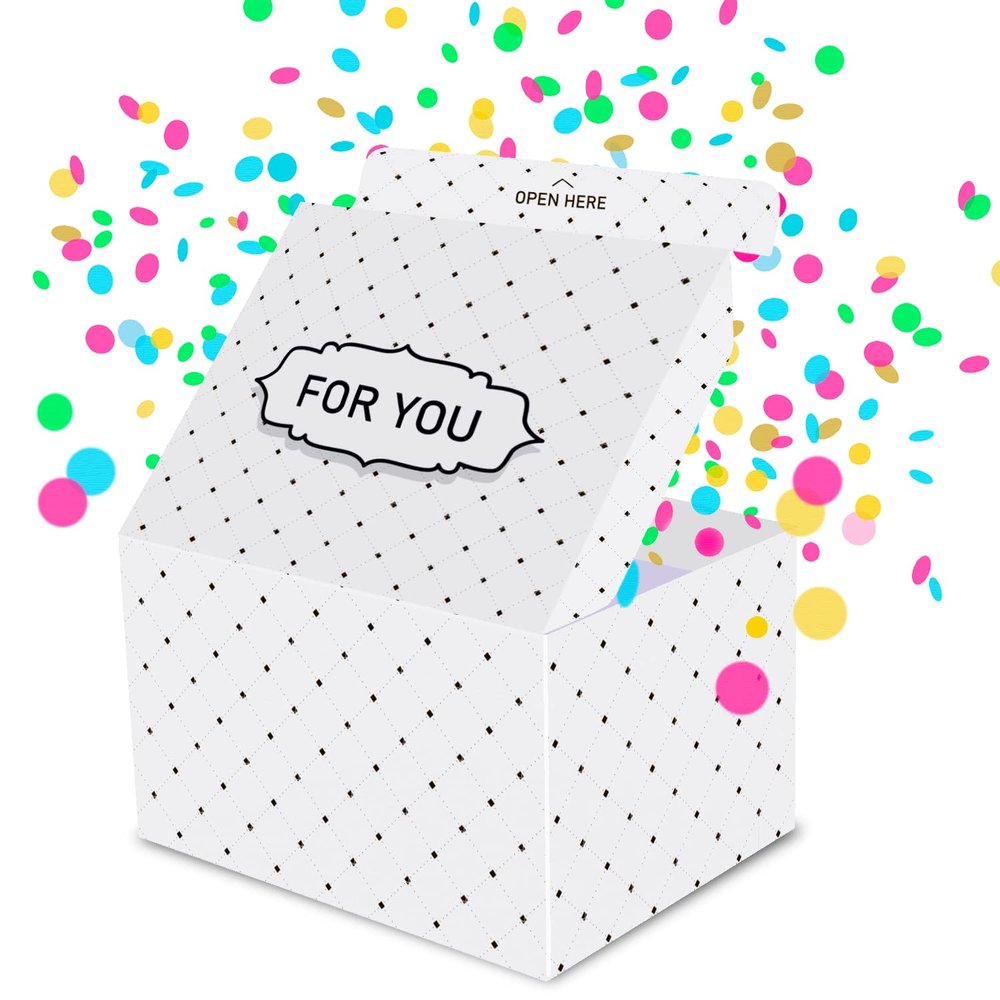 FETTIPOP Exploding Confetti Gift Box (Premium White) 7.1x5.5x4.3 inches KIT, Birthday, Party, Fathers and Mothers Day, Graduations, Anniversaries, Holidays, Any Occasion