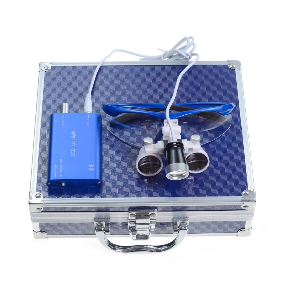 2.5X420mm Bonicular Loupes Magnifier with 3W Operating Head Lamp Aluminum Box (Blue)