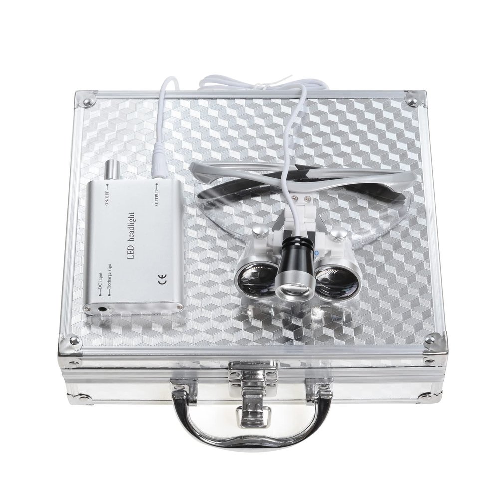 2.5X420mm Bonicular Loupes Magnifier with 3W Operating Head Lamp Aluminum Box (Silver)