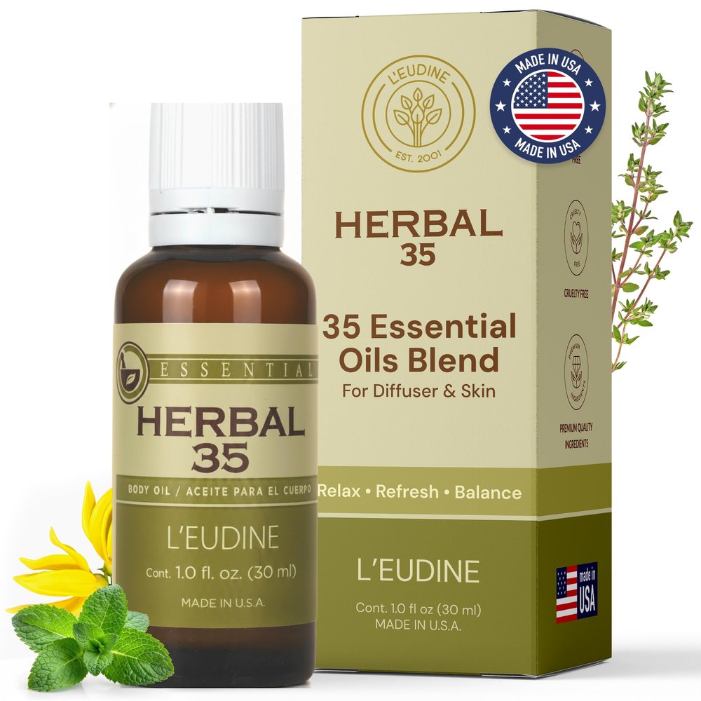 LEUDINE Herbal 35 Essential Oil Blend - 35 Natural Extracts with Peppermint, Eucalyptus & Lavender - Relaxing Aromatherapy Oil for Diffuser, Massage & Stress Relief - Vegan & Pure Wellness, 1 Fl Oz