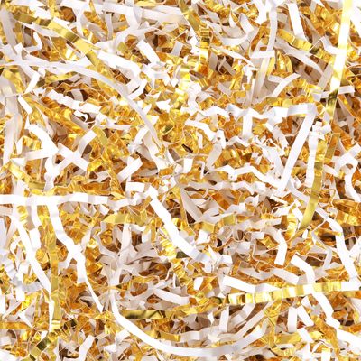 Outus 1LB Gold and White Crinkle Cut Paper Shred Filler Shredded Paper for Gift Box Gift Basket Bag Filler Grass Tissue Cushion Stuffing for Christmas Holiday Packaging Wrapping
