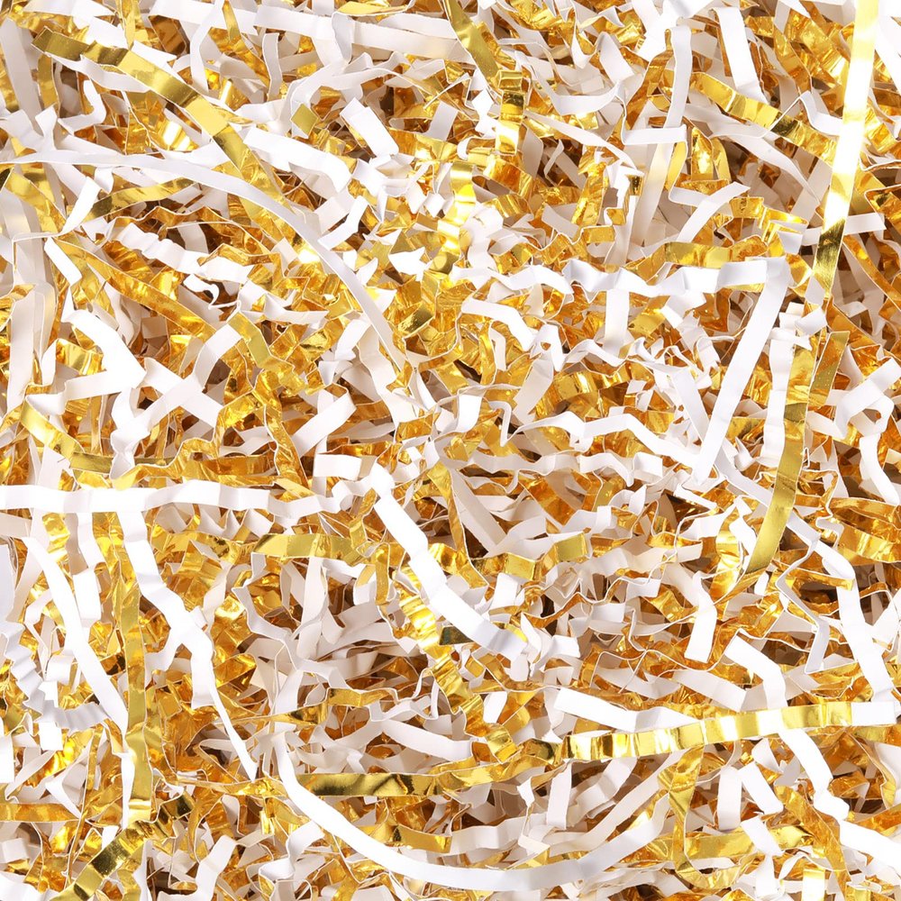 Outus 1LB Gold and White Crinkle Cut Paper Shred Filler Shredded Paper for Gift Box Gift Basket Bag Filler Grass Tissue Cushion Stuffing for Christmas Holiday Packaging Wrapping