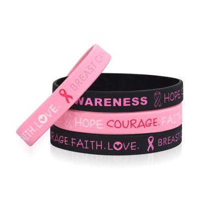 LuxglitterLin 4 Pack Breast Cancer Awareness Bracelet Wristbands Faith Hope Courage Inspiring Band, 7.5 inches (BR_Med_Rubber_Breast)