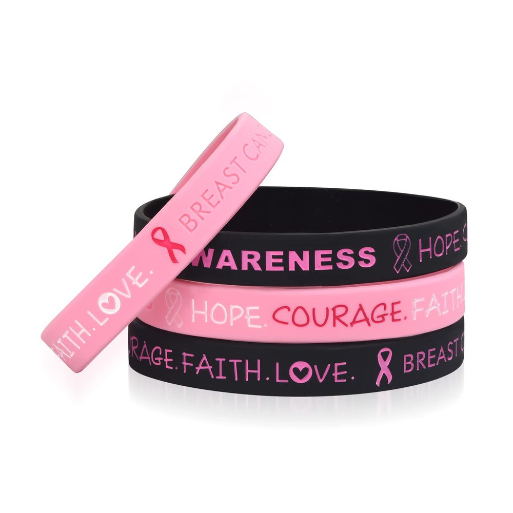 LuxglitterLin 4 Pack Breast Cancer Awareness Bracelet Wristbands Faith Hope Courage Inspiring Band, 7.5 inches (BR_Med_Rubber_Breast)
