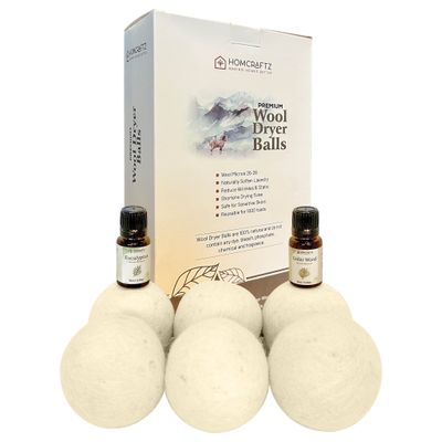 Premium Himalayan Wool Dryer Balls with Essential Oils. 6 Large Dryer Balls Plus 2 Bottles of (Eucalyptus and Cedar Wood) Essential Oil for Faster Drying and Naturally Scented Laundry