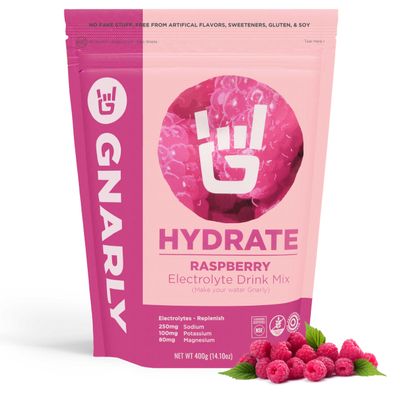 Gnarly Nutrition Hydrate Electrolyte Powder  Raspberry Exercise Hydration Drink Mix  NSF Contents Certified  Electrolyte Solution, Performance & Recovery  Raspberry, 14.10 oz