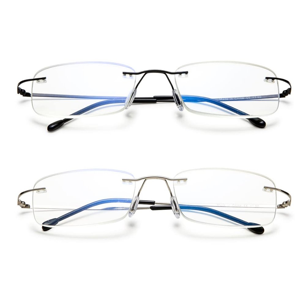 KOOSUFA Rimless Reading Glasses +3.00 Blue Light Blocking Lightweight Eyeglasses Rectangle Frameless Readers for Men Women, Black+silver