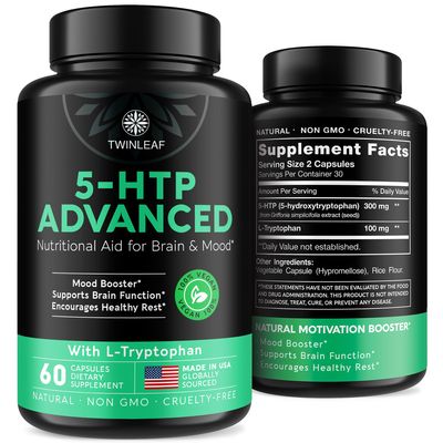 TWINLEAF 5 HTP Supplement for Mood Support - Made in USA - Natural Manganese & L-tryptophan Capsules - 5-HTP Booster for Men & Women - Proprietary Formula for Mood and Relaxation - 60 Vegan Capsules