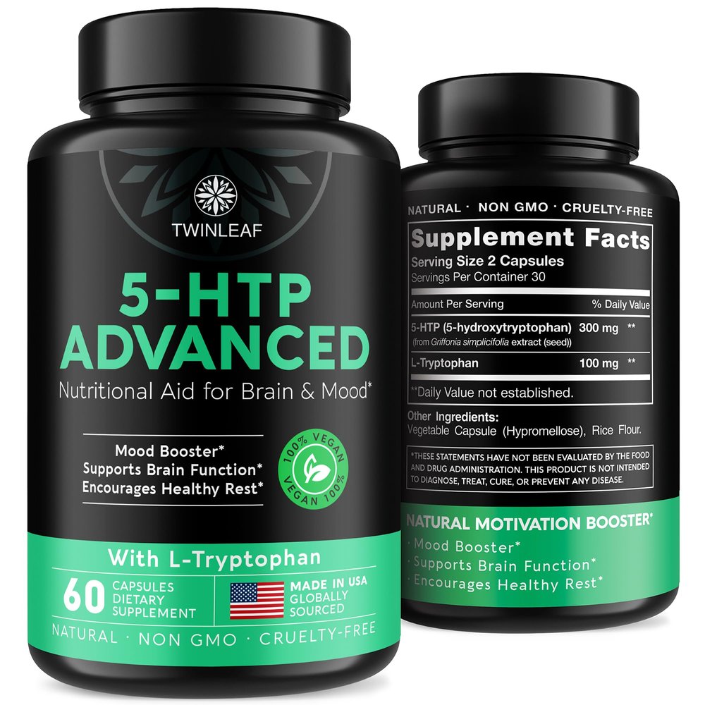 TWINLEAF 5 HTP Supplement for Mood Support - Made in USA - Natural Manganese & L-tryptophan Capsules - 5-HTP Booster for Men & Women - Proprietary Formula for Mood and Relaxation - 60 Vegan Capsules