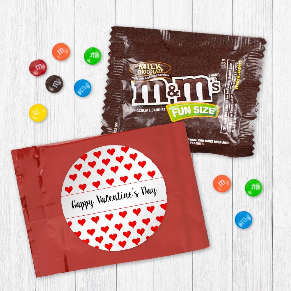 24ct Valentine's Day Candy Favors M&M's Milk Chocolate Fun Size (24 Pack) - Red Foil - (3 x 4in) Classroom Party - Red Hearts