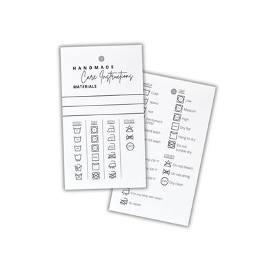 Lashicorn Handmade Material Care Instruction Cards | 30 Pack | 2 x 3.5 inches Tags | Handmade Care Cards | Material Care Instructions for Homemade Materials | White and Black Design