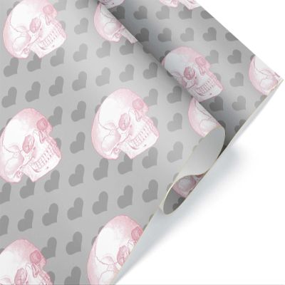 Cute Pink Gray Skull Wrapping Paper Premium Gift Wrap Pastel Goth Birthday Party Decoration (12 foot x 30 inch roll)