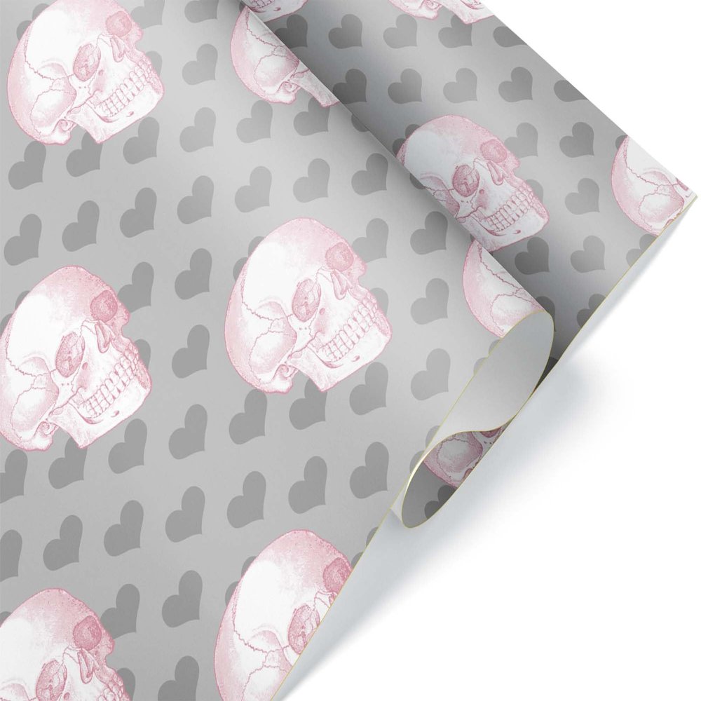 Cute Pink Gray Skull Wrapping Paper Premium Gift Wrap Pastel Goth Birthday Party Decoration (12 foot x 30 inch roll)