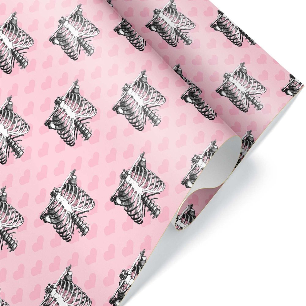 Cute Pink Skeleton Heart Wrapping Paper Premium Gift Wrap Pastel Goth Birthday Party Decoration (6 foot x 30 inch roll)