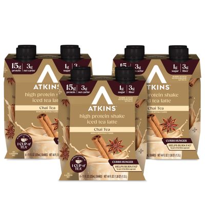 Atkins Chai Tea Latte Flavored Protein Shake, High Protein Shake, Low Glycemic, Low Carb, Low Sugar, Keto Friendly, Gluten Free, Ready to Drink Protein Shake, 12 count (3 sets of 4)