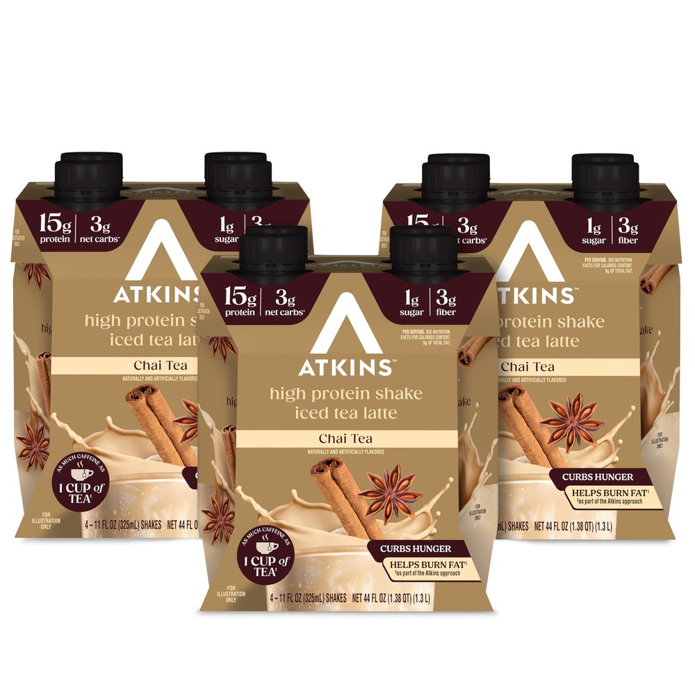 Atkins Chai Tea Latte Flavored Protein Shake, High Protein Shake, Low Glycemic, Low Carb, Low Sugar, Keto Friendly, Gluten Free, Ready to Drink Protein Shake, 12 count (3 sets of 4)