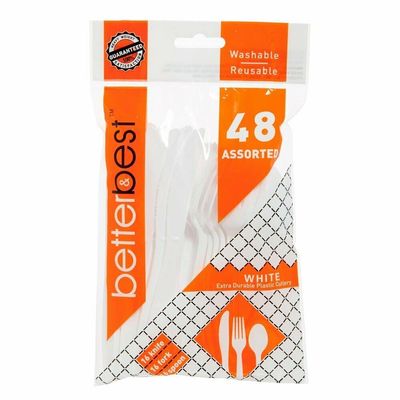 [48 Piece] Better Best White Disposable Plastic Cutlery Set, Assorted | Durable