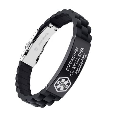 AOAMID Medical Alert Bracelets for Men Women Adjustable Free Engraving Sport Silicone Medical ID Bracelets 8.5 Inches (1Buckle-Black-customize)