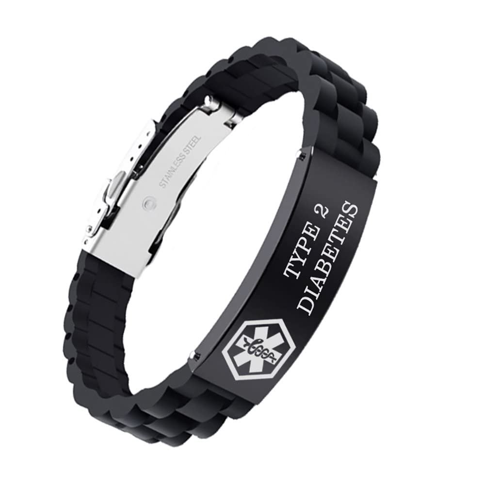 AOAMID Medical Alert Bracelets for Men Women Adjustable Free Engraving Sport Silicone Medical ID Bracelets 8.5 Inches (1Buckle-Black-type 2 diabete)