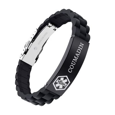 AOAMID Medical Alert Bracelets for Men Women Adjustable Free Engraving Sport Silicone Medical ID Bracelets 8.5 Inches (1Buckle-Black-coumadin)