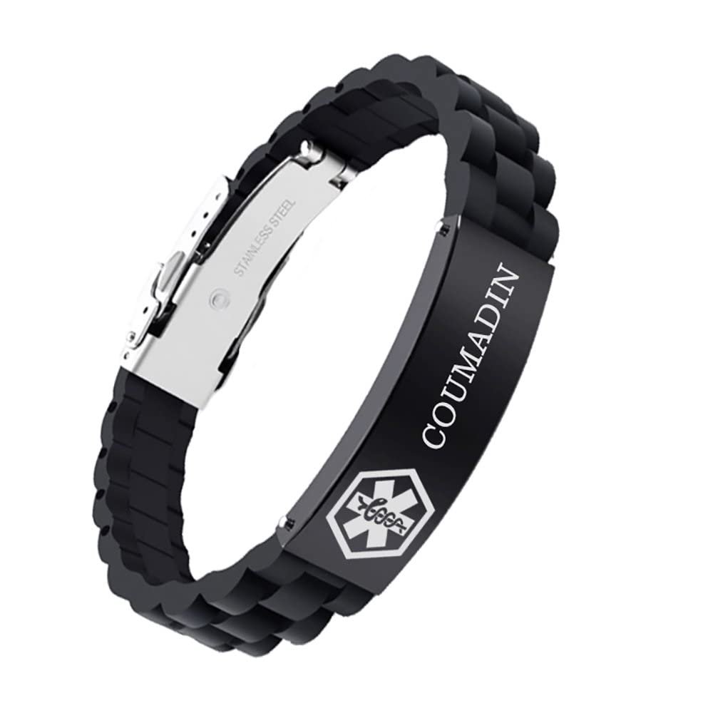 AOAMID Medical Alert Bracelets for Men Women Adjustable Free Engraving Sport Silicone Medical ID Bracelets 8.5 Inches (1Buckle-Black-coumadin)