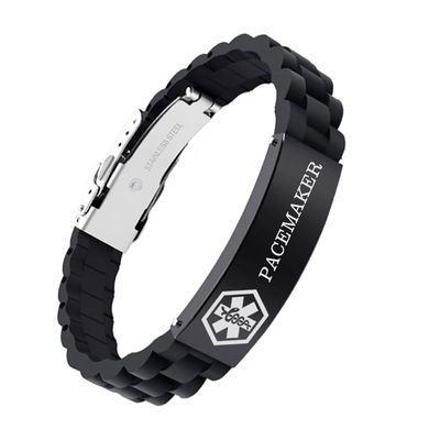 AOAMID Medical Alert Bracelets for Men Women Adjustable Free Engraving Sport Silicone Medical ID Bracelets 8.5 Inches (1Buckle-Black-pacemaker)