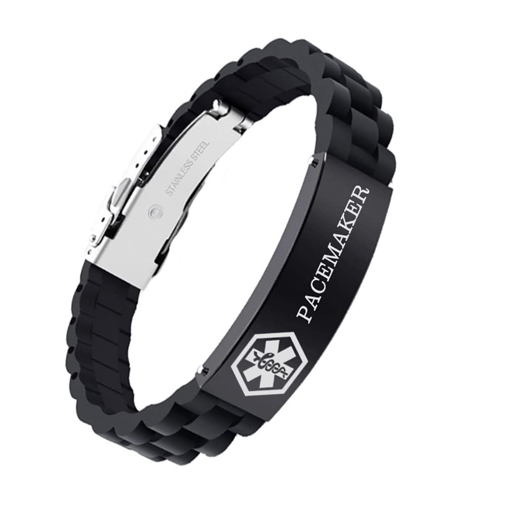 AOAMID Medical Alert Bracelets for Men Women Adjustable Free Engraving Sport Silicone Medical ID Bracelets 8.5 Inches (1Buckle-Black-pacemaker)