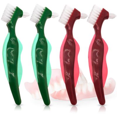 Uouovo Premium Hard Denture Brush Toothbrush for False Teeth, Multi-Layered Bristles & Portable Denture Double Sided Brush, Denture Care (Pack of 4)