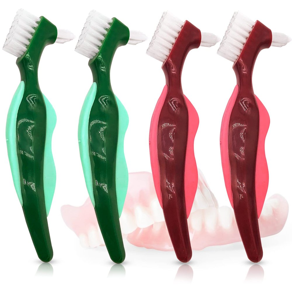 Uouovo Premium Hard Denture Brush Toothbrush for False Teeth, Multi-Layered Bristles & Portable Denture Double Sided Brush, Denture Care (Pack of 4)