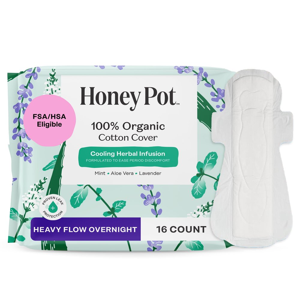 The Honey Pot Company - Herbal Sanitary Pads for Women - Heavy Flow Overnight w/Wings - Infused w/Essential Oils for Cooling Effect & Organic Cotton Cover - Feminine Care - 16 ct