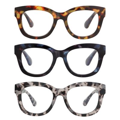 AMOMOMA 3 Pack Retro Oversized Reading Glasses for Women Blue Light Blocking Computer Readers Spring hinge AM6003 with Brown+Blue+Grey Tortoise Frame 2.25 x